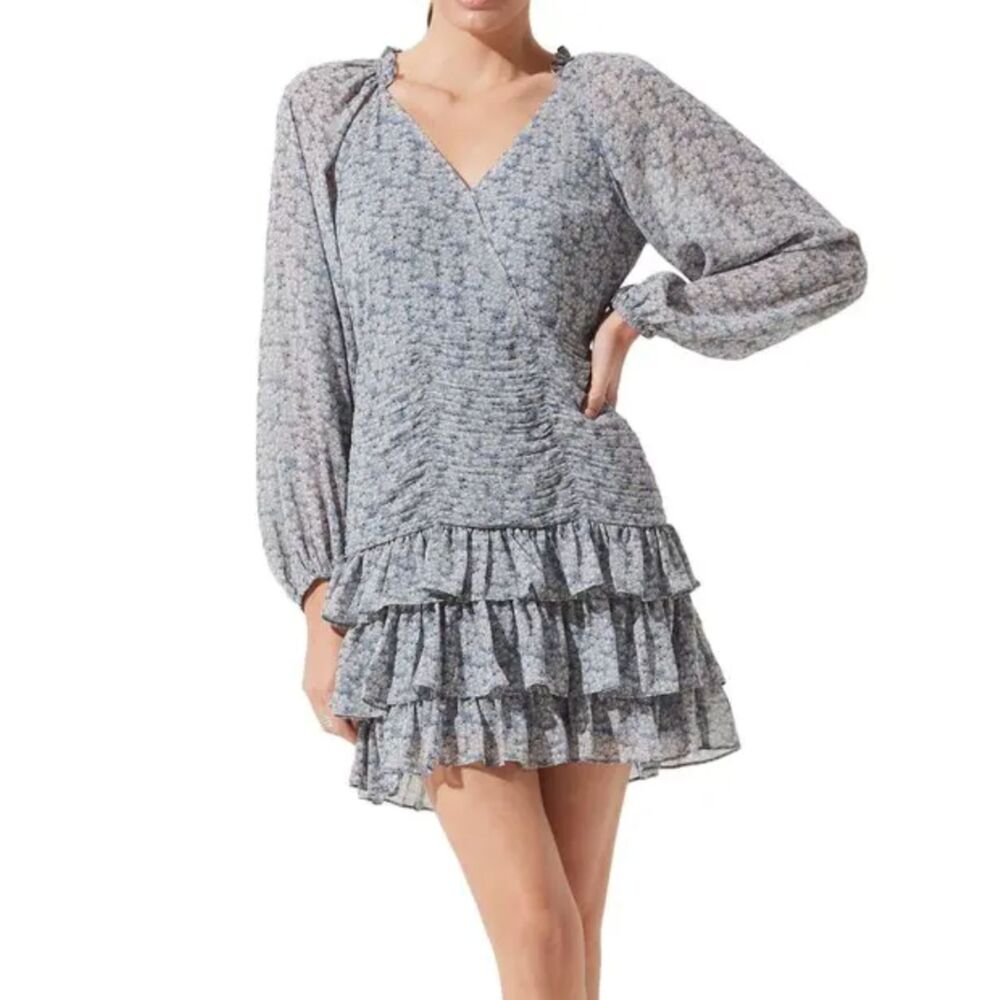 ASTR THE LABEL Ruffled Tiered Mini Dress Blue Floral Medium